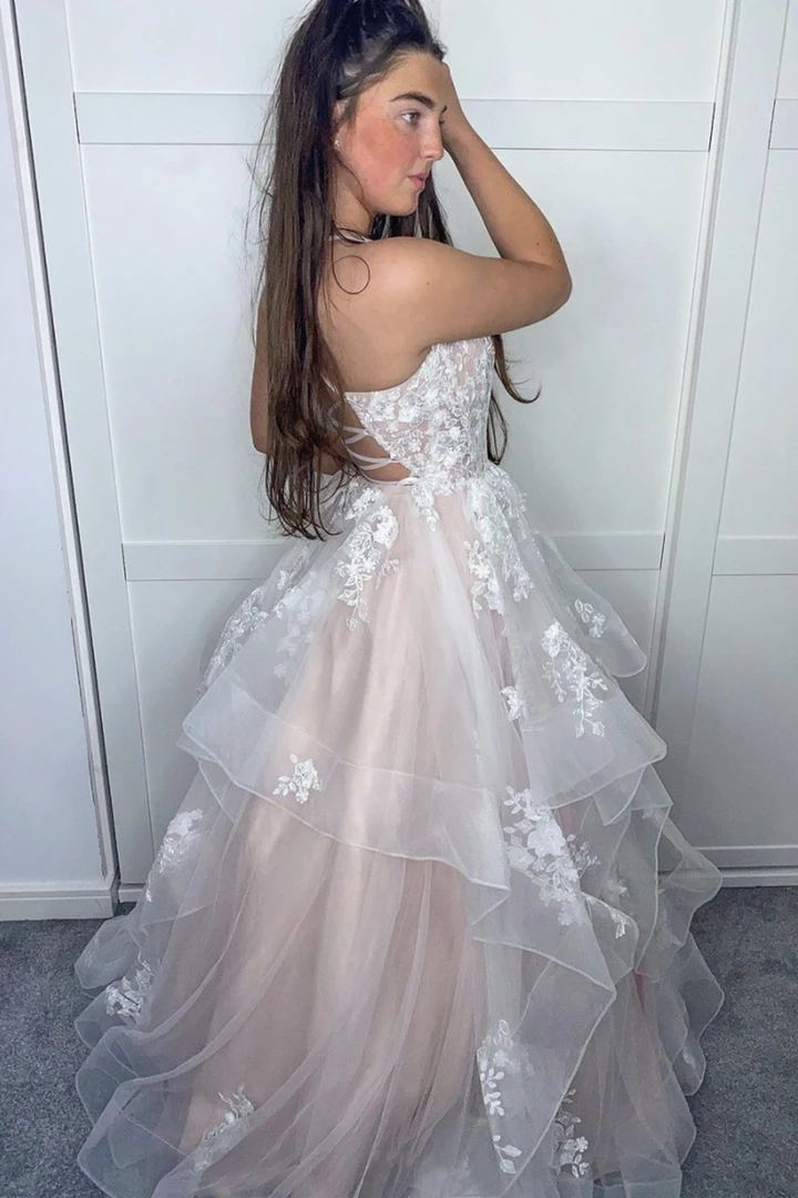 Stylish V neck Tulle Long Prom Dresses With Apliques, Princess Graduation Gown GP298