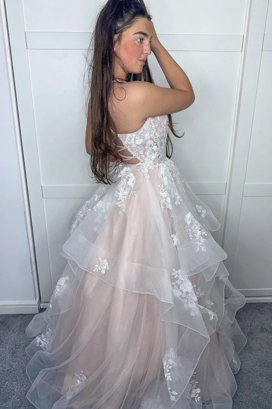 Stylish V neck Tulle Long Prom Dresses With Apliques, Princess Graduation Gown GP298