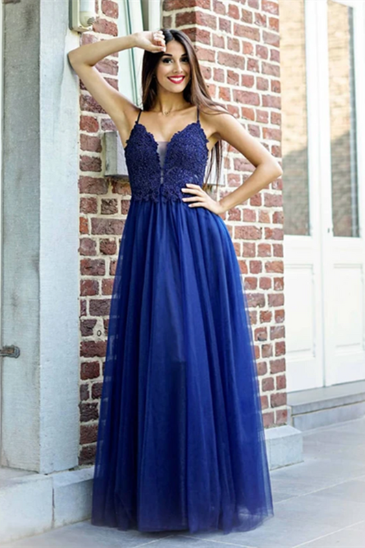Exquisitos vestidos de fiesta de corte A con tirantes finos y apliques de tul, vestidos formales