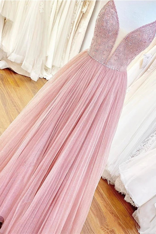 Vestido de fiesta largo con escote en V profundo con ilusión y corpiño de cuentas
