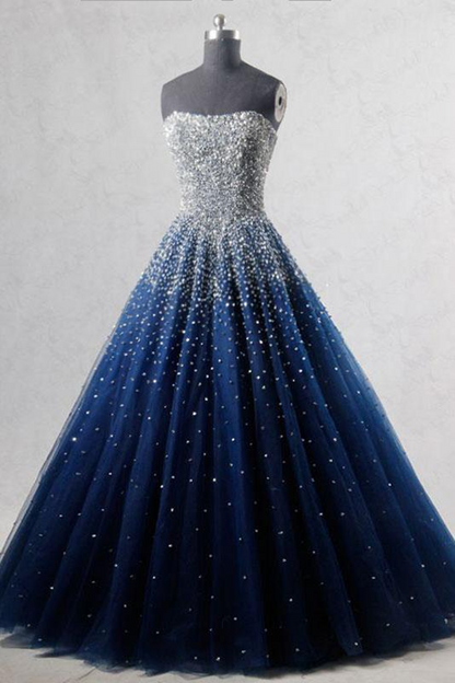 Vestido de fiesta azul marino sin tirantes, largo hasta el suelo, con lentejuelas y cuentas. Vestidos de fiesta y formales.