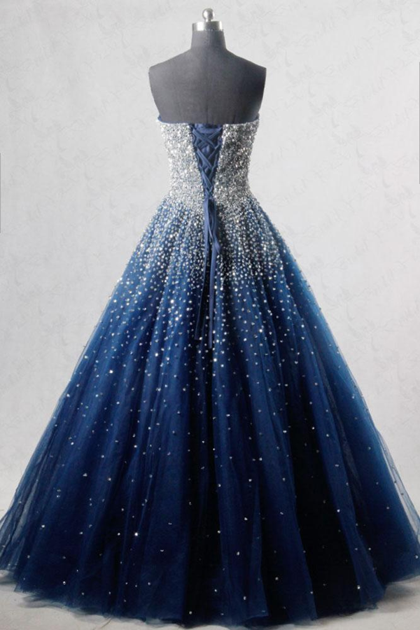 Vestido de fiesta azul marino sin tirantes, largo hasta el suelo, con lentejuelas y cuentas. Vestidos de fiesta y formales.