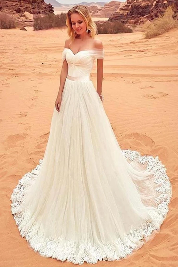 Vestido de novia largo de tul con hombros descubiertos, encantador, blanco, para mujer, en oferta.