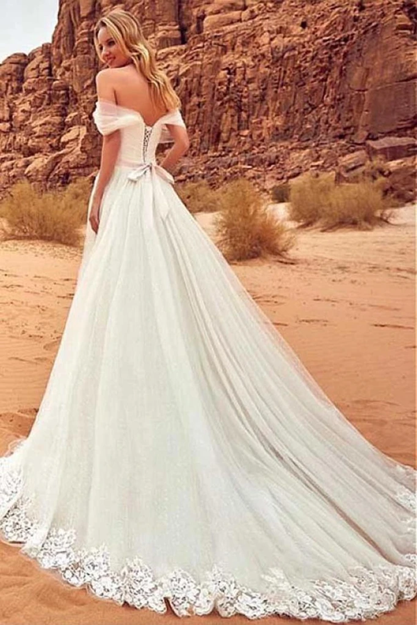 Vestido de novia largo de tul con hombros descubiertos, encantador, blanco, para mujer, en oferta.