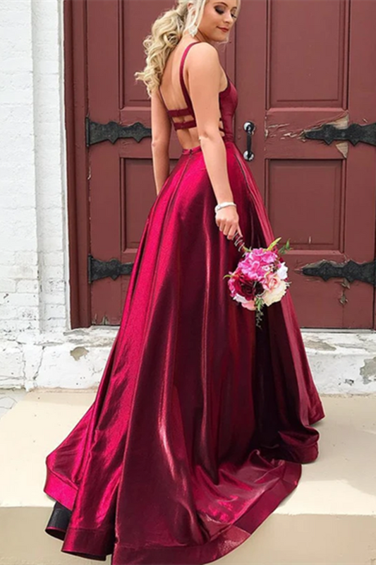 Vestidos de fiesta largos de satén burdeos con tirantes finos, corte A y bolsillos, vestidos formales sexys. 