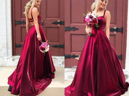 Vestidos de fiesta largos de satén burdeos con tirantes finos, corte A y bolsillos, vestidos formales sexys. 
