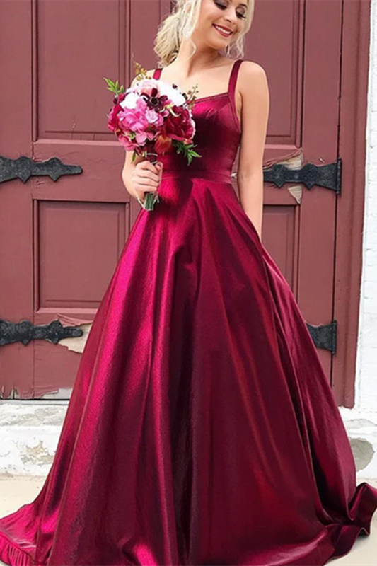 Vestidos de fiesta largos de satén burdeos con tirantes finos, corte A y bolsillos, vestidos formales sexys. 