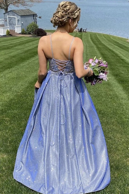 Vestidos de fiesta de corte A con tirantes finos y parte superior de encaje azul, vestidos de noche formales largos 