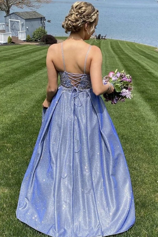 Vestidos de fiesta de corte A con tirantes finos y parte superior de encaje azul, vestidos de noche formales largos 
