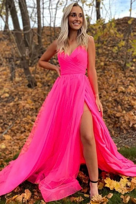 Vestidos de fiesta rosa intenso con escote en V y abertura, vestidos de noche formales largos 