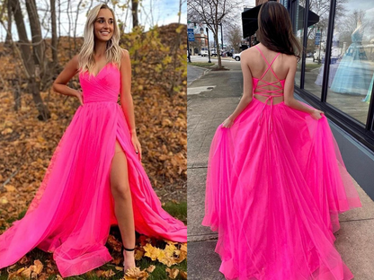 Vestidos de fiesta rosa intenso con escote en V y abertura, vestidos de noche formales largos 