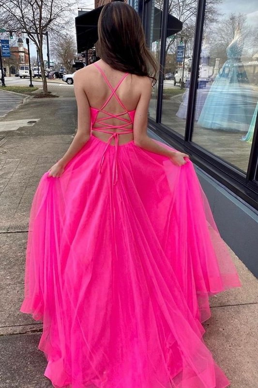 Vestidos de fiesta rosa intenso con escote en V y abertura, vestidos de noche formales largos 