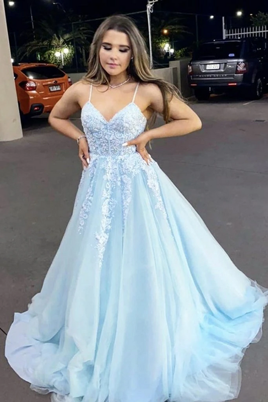 Vestido de fiesta largo azul claro con escote en V y apliques de encaje, vestido de noche formal con tirantes finos, vestidos formales 
