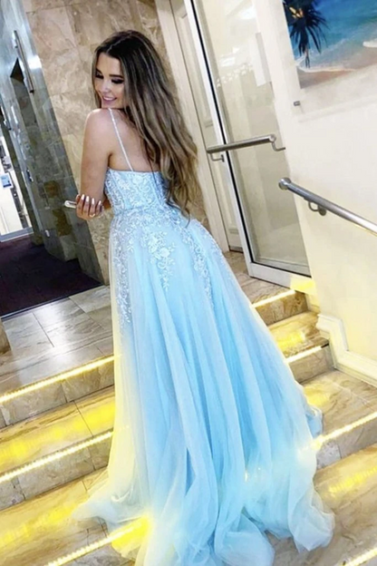 Vestido de fiesta largo azul claro con escote en V y apliques de encaje, vestido de noche formal con tirantes finos, vestidos formales 
