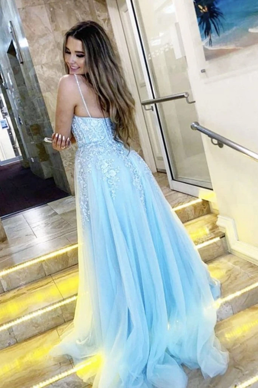 Vestido de fiesta largo azul claro con escote en V y apliques de encaje, vestido de noche formal con tirantes finos, vestidos formales 