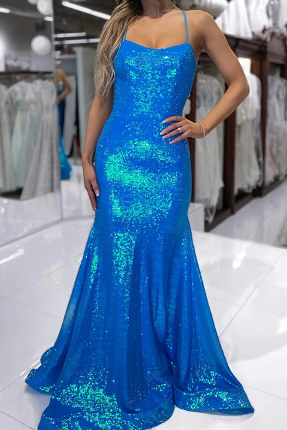 Spaghetti Straps Orange Mermaid Long Evening Dress, Sparkly Prom Dresses GP375