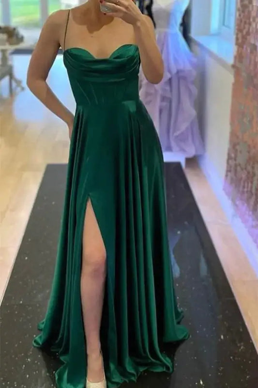 Vestidos de fiesta largos de satén verde para mujer, vestidos de graduación