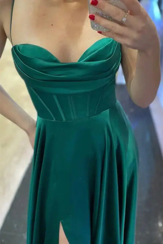 Vestidos de fiesta largos de satén verde para mujer, vestidos de graduación