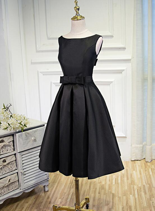Black elegant cute simple knee-length mid-length satin homecoming dress prom dress evening dress party dress gh188