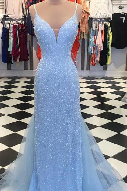 Sparkly Open Back V Neck Spaghetti Straps With Prom Dress gh1010