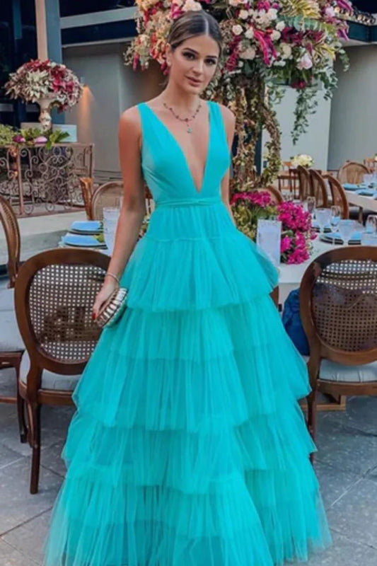 Blue fashion V-neck elegant A-line long floor-length tulle ball gown evening dress wedding guest party dress gh980