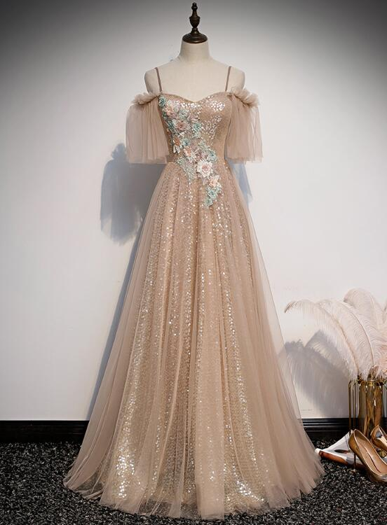 Charming Champagne Tulle And Sequins Long Party Dress, A-Line Prom Dress gh319