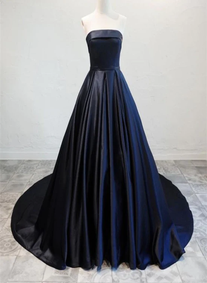 Navy Blue Satin Long Party Dress, Elegant Dark Blue Formal Dress Evening Dress  gh134