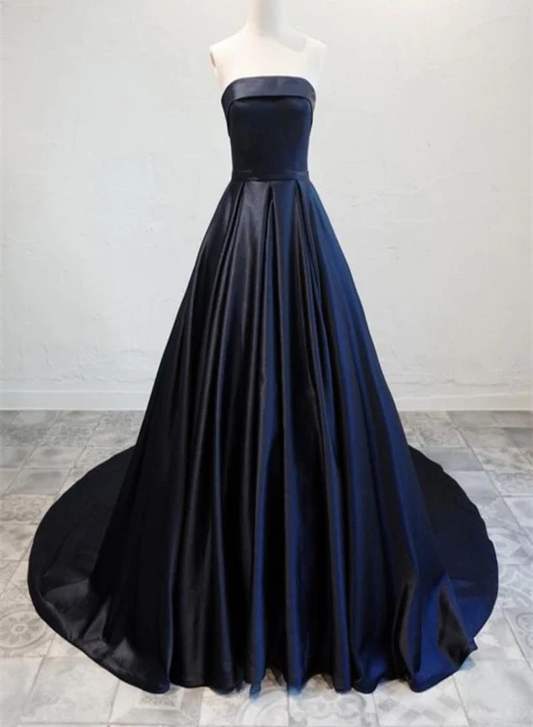 Navy Blue Satin Long Party Dress, Elegant Dark Blue Formal Dress Evening Dress  gh134