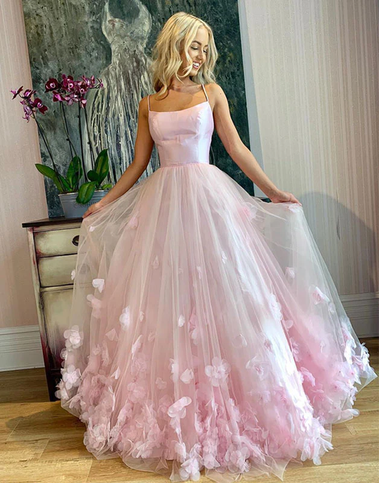 Pink tulle 3d applique long prom dress, pink tulle evening dress gh904