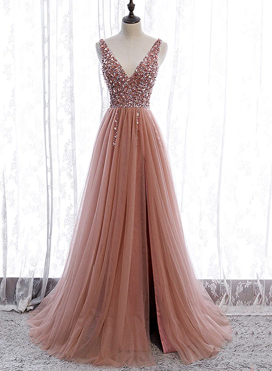 Pink Long Sparkle Beaded Tulle Slit Prom Dress,Pink V-Neckline Evening Gown gh161
