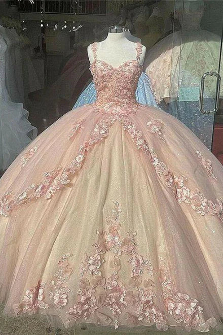 Vestidos de quinceañera de tul con apliques de corazón en rosa retro, corte A, con flores 3D, para 18 cumpleaños, TP4122