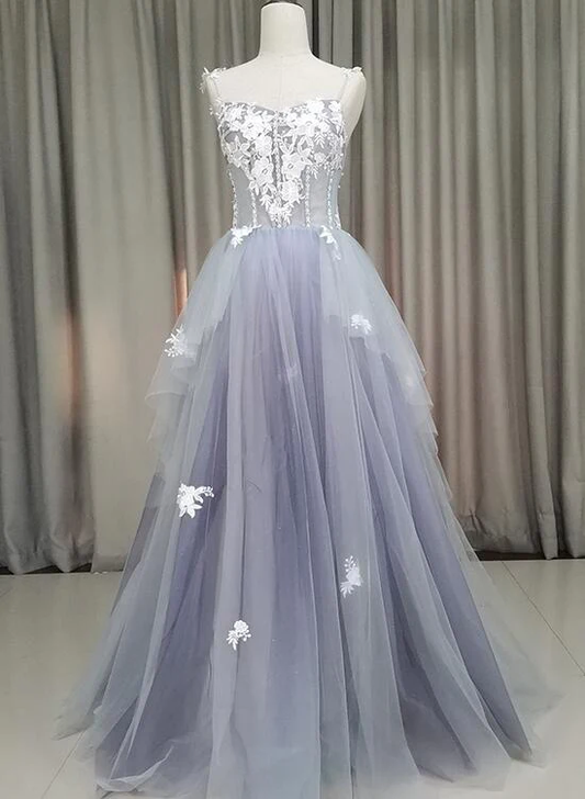 Fashionable Grey Tulle Sweetheart Straps Long Party Dress, Sweet 16 Dress  gh352