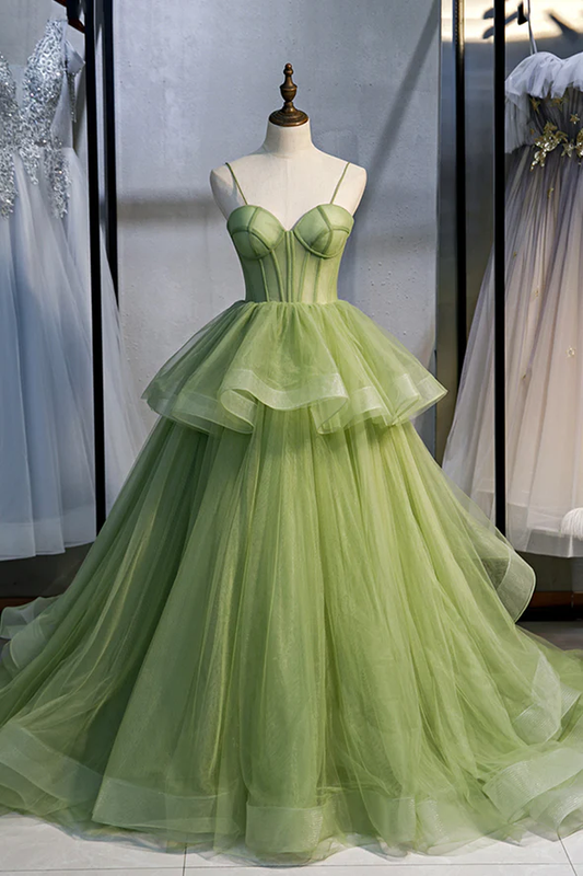 Green tulle long prom dress A line evening dress gh1138