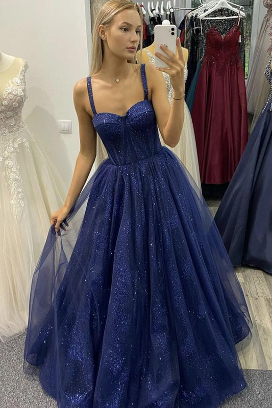 Blue tulle seequins long prom dress A line evening gh1131