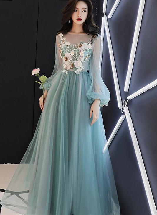Light Green Tulle Long Party Dress With Flowers, Long Formal Dresses  gh359