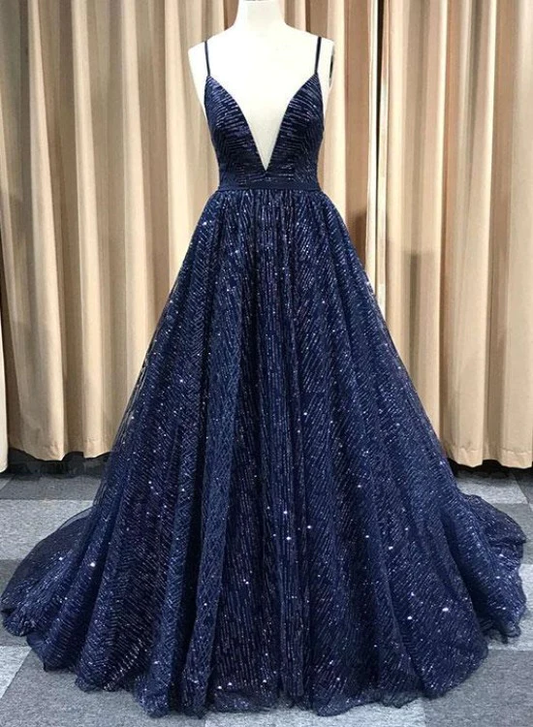 A Line V Neck Navy Blue Shiny Long Prom Dresses, Charming Blue Tulle Party Dress Evening Dress  gh115