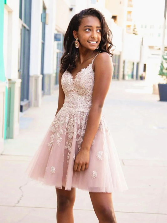 Pink A-line V-neck short lace prom dress formal homecoming dress party dress gh1616