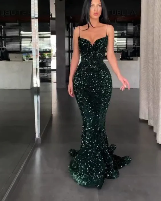 Sparkly Mermaid Sweetheart Spaghetti Straps Green Sequin Long Prom Evening Dresses gh1087