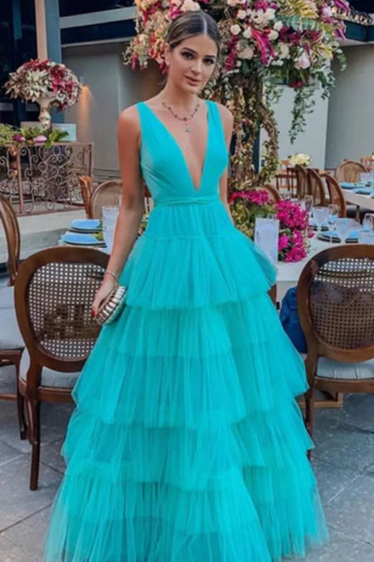 Blue fashion V-neck elegant A-line long floor-length tulle ball gown evening dress wedding guest party dress gh980