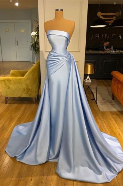 Elegant Strapless Baby Blue Mermaid Evening Dress Long With Ruffle  gh1116