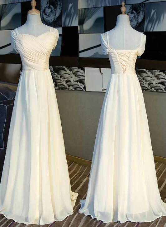 Lovely Light Champagne Simple Long Party Dress, A-Line Cap Sleeves Formal Dress  gh236