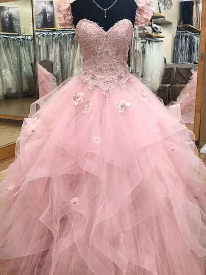 Pink gorgeous sweet heart-shaped neckline exquisite floral lace long tulle princess ball gown evening dress sweet 16-year-old adult ceremony dress gh905