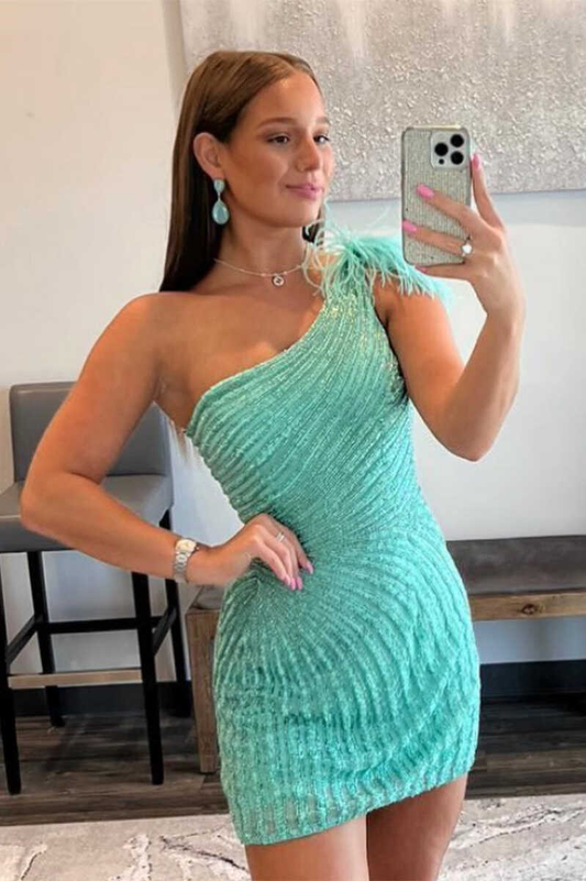 Mint green exquisite beading stylish one shoulder bodycon mini homecoming dress cocktail party dress gh1212