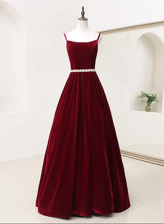 Elegant Straps Velvet Long Formal Dress With Belt, Long Prom Dress gh446