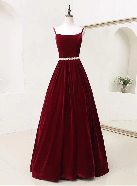 Elegant Straps Velvet Long Formal Dress With Belt, Long Prom Dress gh446