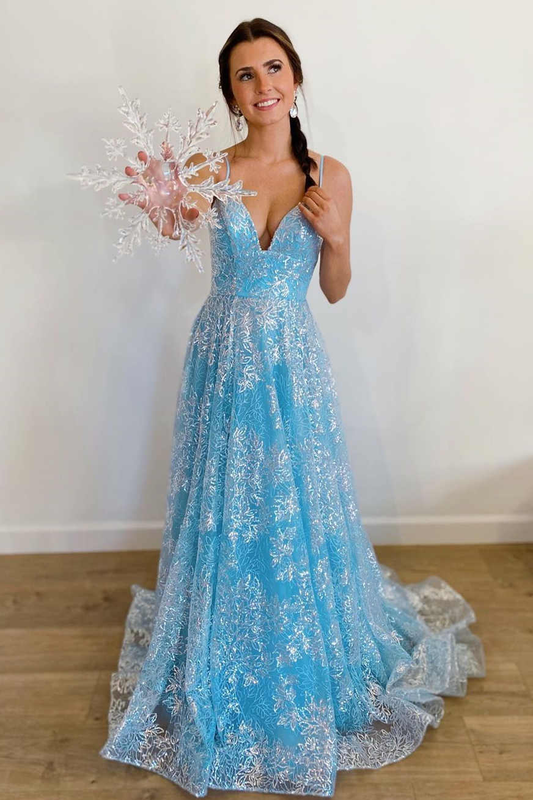 Princess Blue Straps A-Line Long Prom Gown gh1136