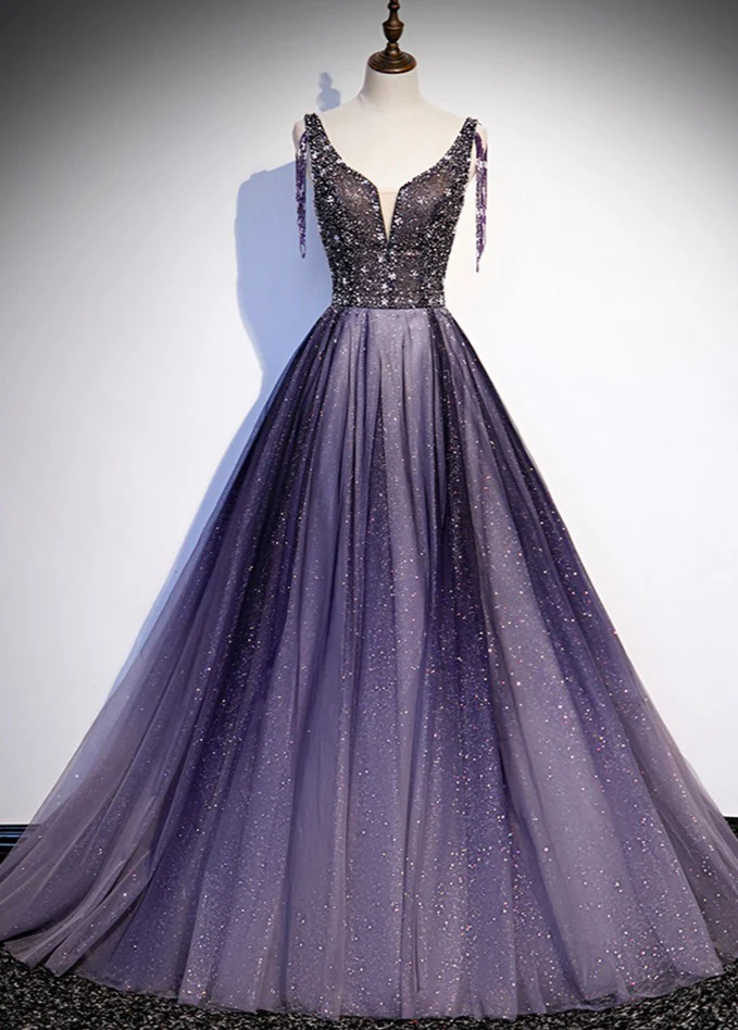 Charming Purple Gradient Tulle V-Neckline Long Party Dress, A-Line Prom Dress gh244