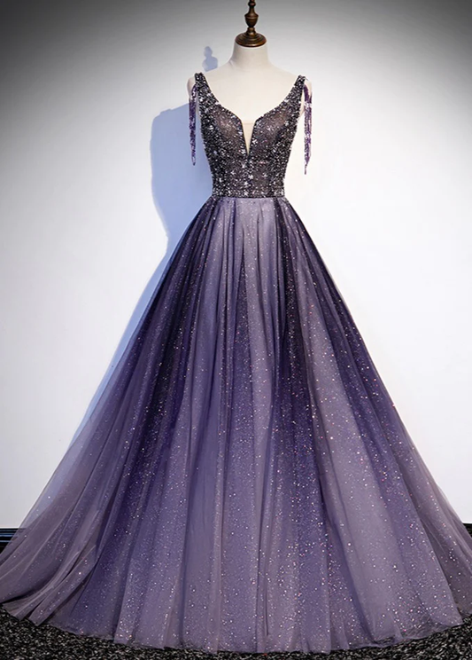 Charming Purple Gradient Tulle V-Neckline Long Party Dress, A-Line Prom Dress gh244