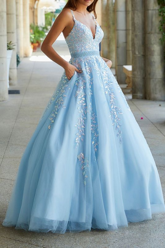 Elegant Glitter Floral Lace Spaghetti Straps Floor-Length Prom Dress gh1119
