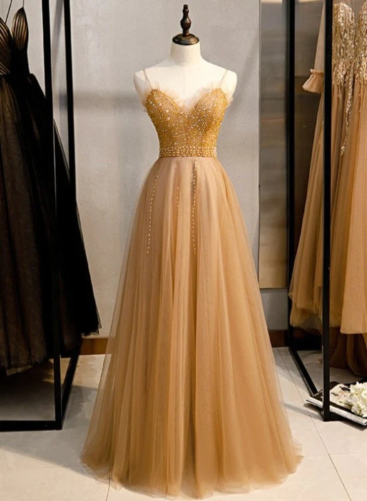 Champagne Sequins Tulle Straps Long Evening Dress Party Dress, Sweetheart Prom Dress  gh25